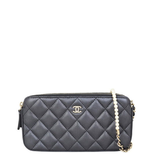 Chanel CC Double Zip Clutch with Pearl Chain Clutch Bag