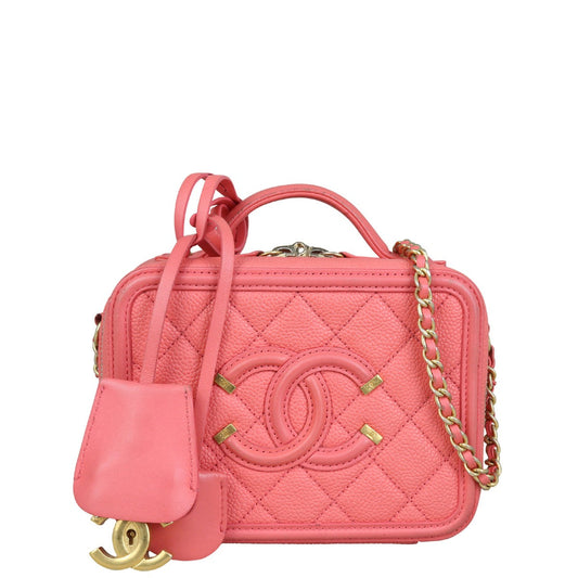 Chanel CC Filigree Vanity Case Bright Coral Handbag Pink Small