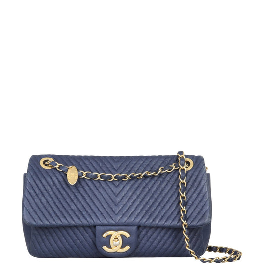 Chanel Surpique Chevron Single Bag Hardware Blue Gold Handbag