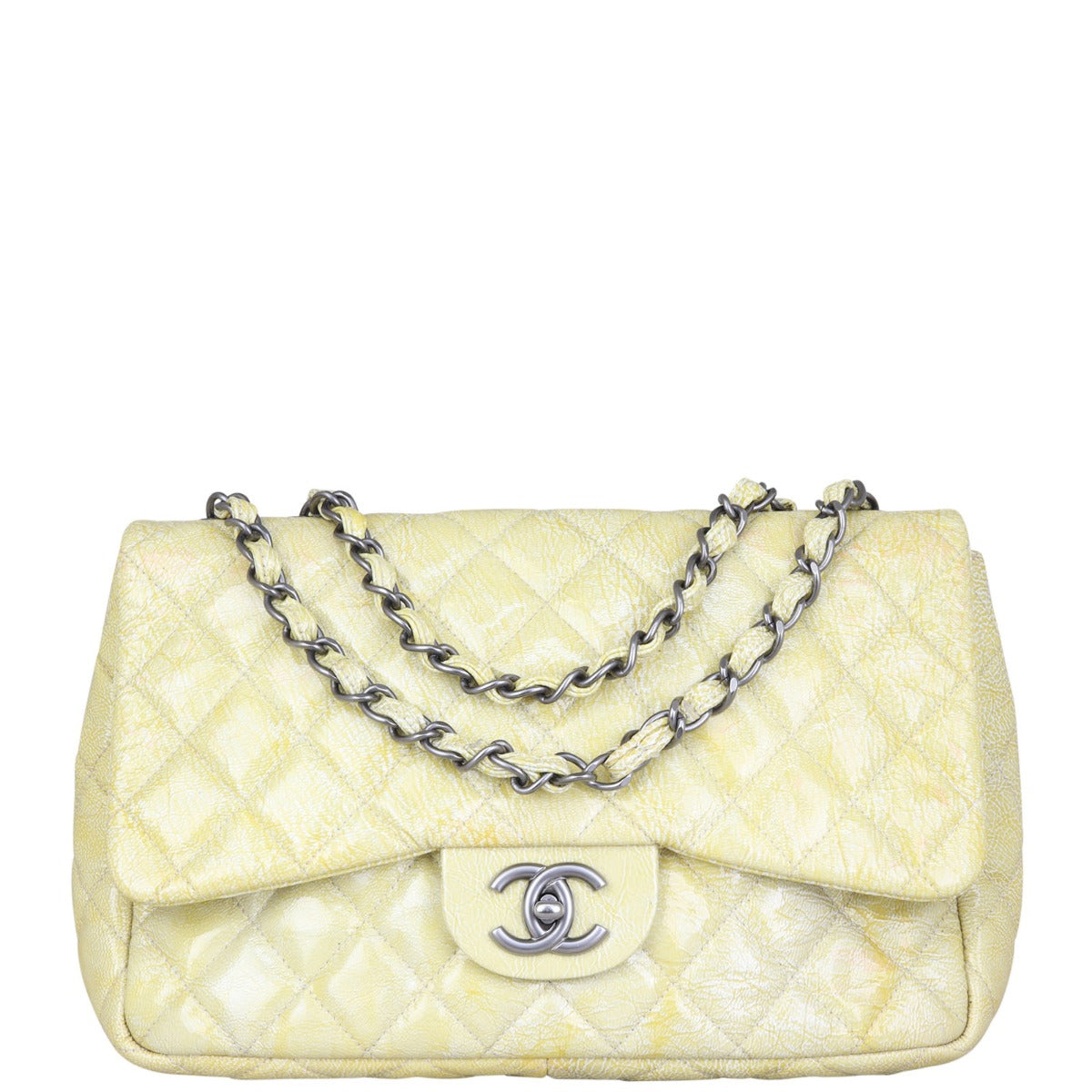Chanel Classic Single Jumbo Vinyl Yellow Handbag Flap