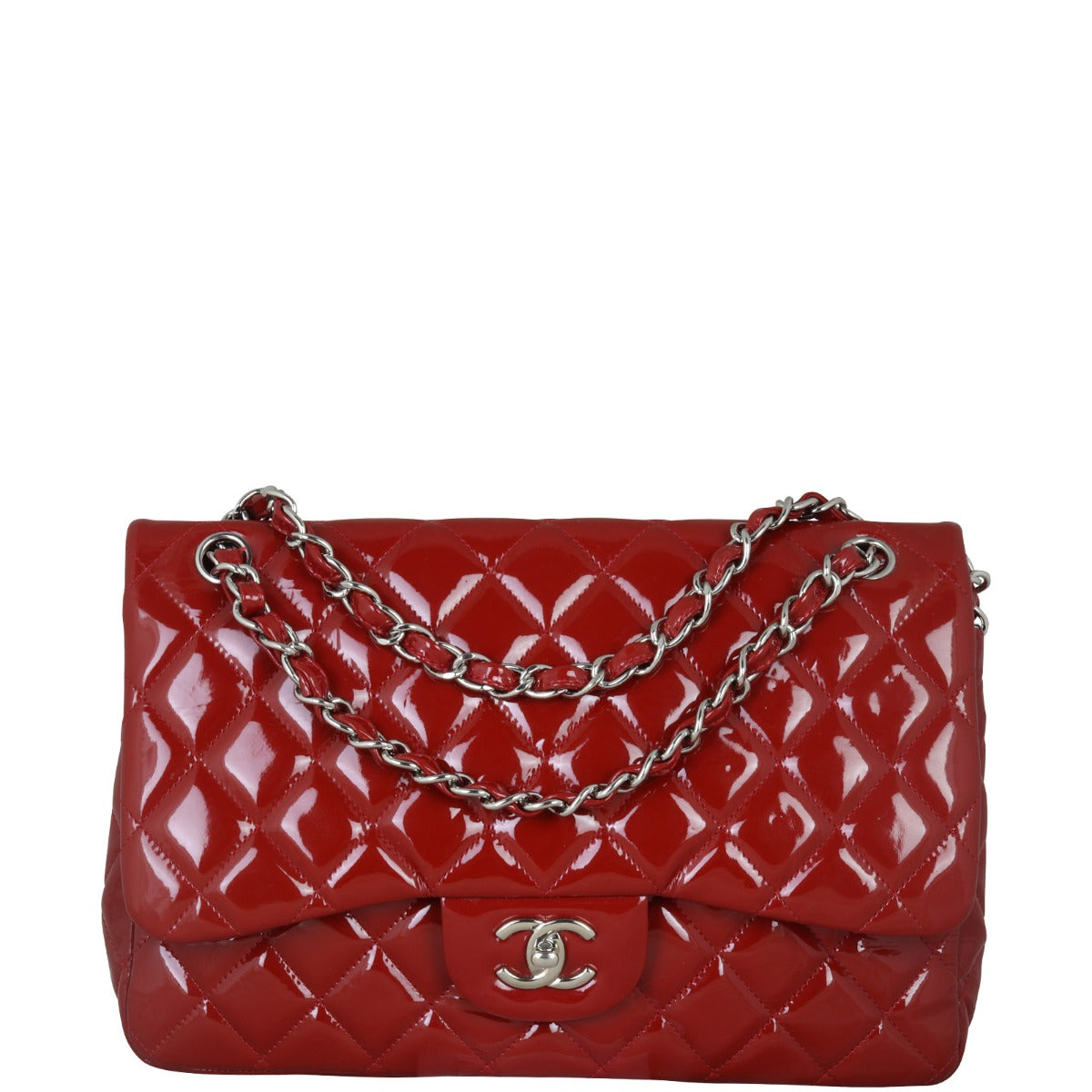 Chanel Classic Double Jumbo Patent Hardware Handbag Red Silver
