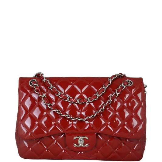 Chanel Classic Double Jumbo Patent Hardware Handbag Red Silver