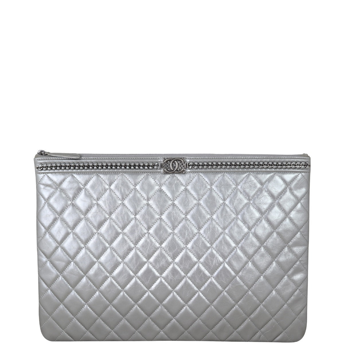 Chanel Boy O-Case Handbag Silver Large