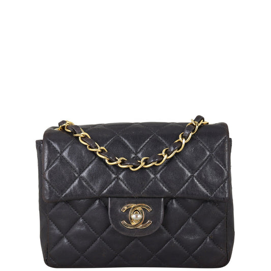 Chanel Classic Flap Square Lambskin Handbag Quilted Black Mini Bag