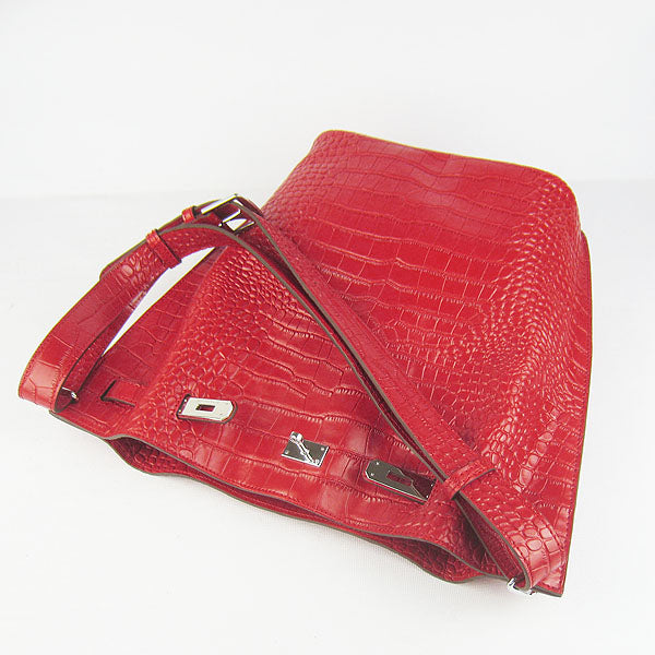 Hermes Luxury Crocodile Vein Shoulder Bag Red Silver