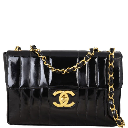 Chanel Vertical Quilt Single Jumbo Patent Handbag Black Flap Crossbody Bag