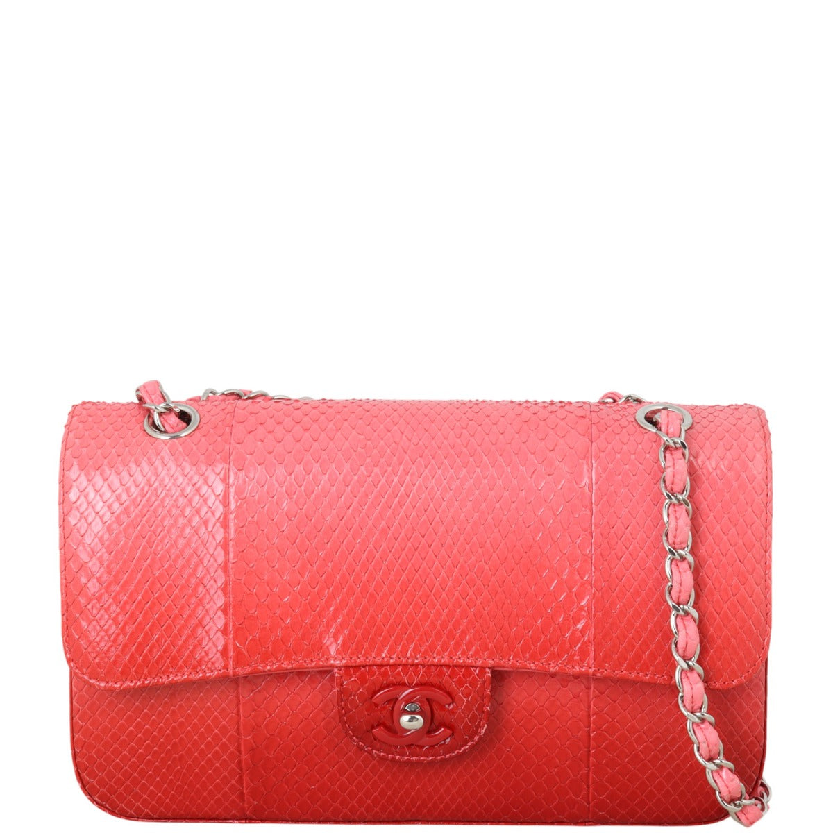 Chanel Classic Double Flap Python Ombre Handbag Red Pink Crossbody Bag