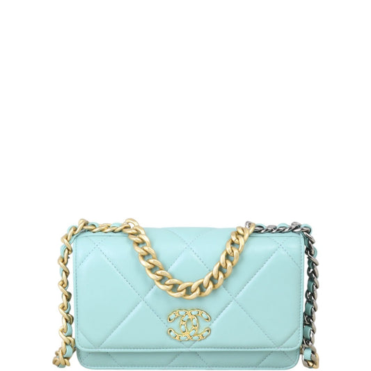 Chanel 19 Wallet On Handbag Quilted Blue