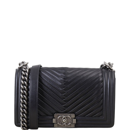 Chanel Boy Old Pleated Handbag Black Medium Crossbody Bag
