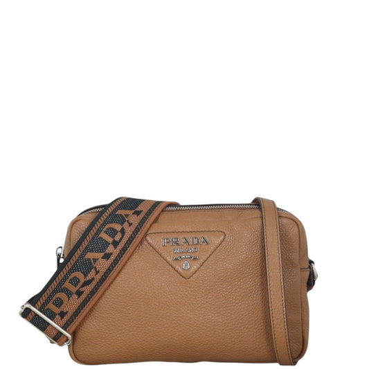 Prada Crossbody Bag Daino Double Camera Bag Vitello Brown Zip Shoulder Bag
