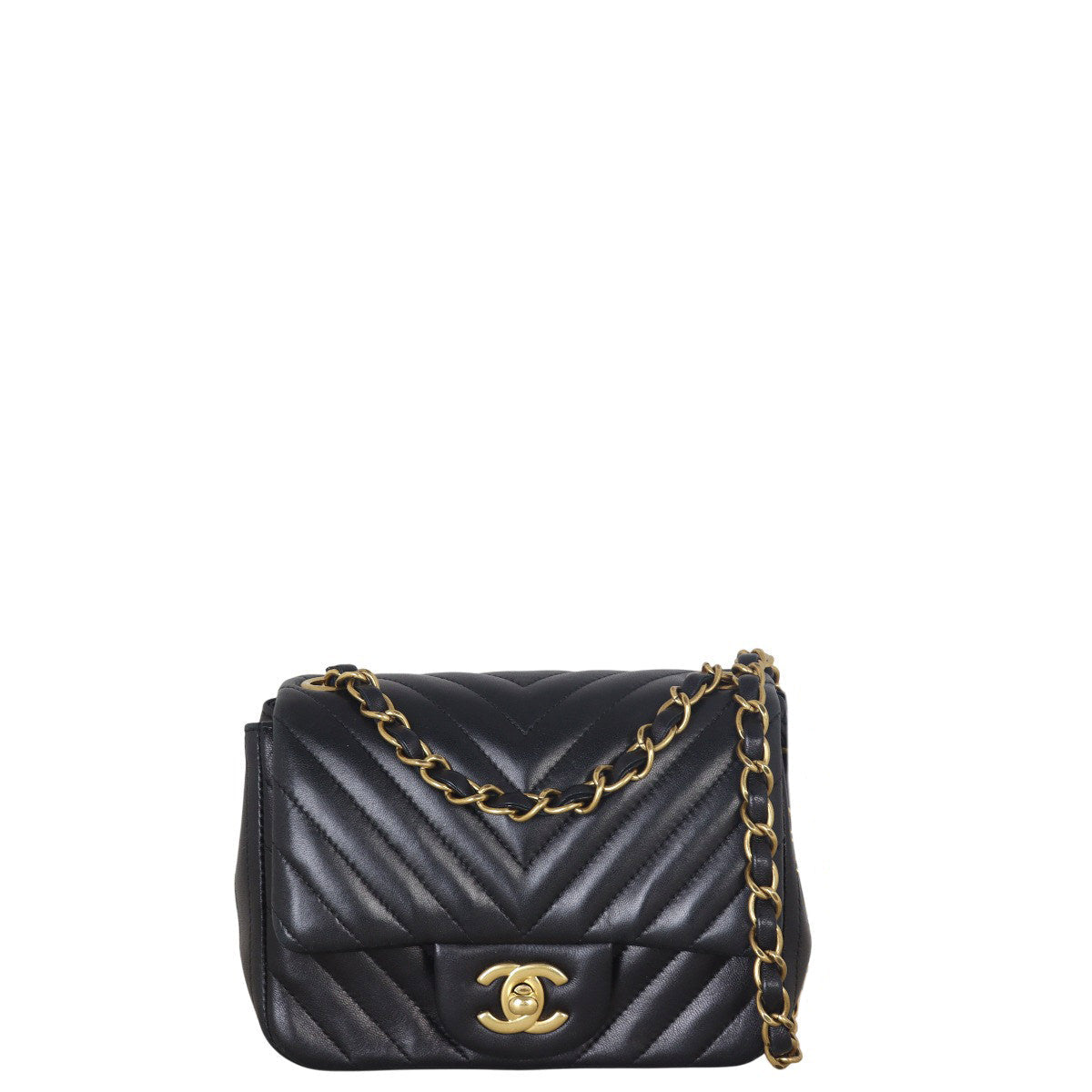 Chanel Classic Flap Square Chevron Handbag Quilted Black Mini Bag