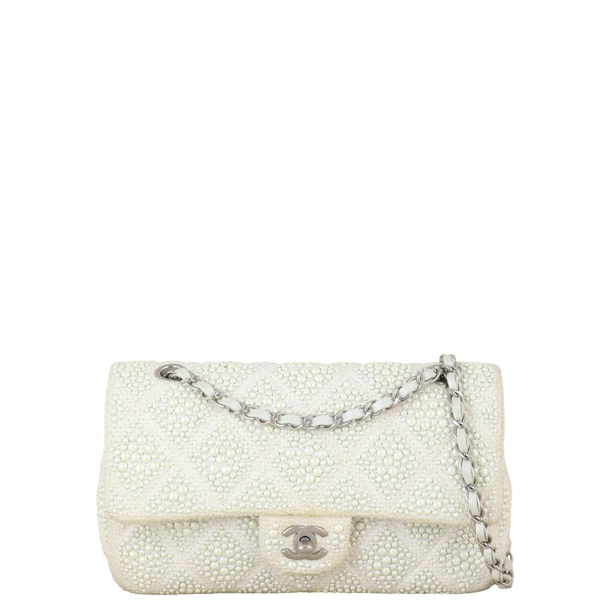 Chanel Classic Single Flap Beaded Handbag Quilted White Shoulder Bag