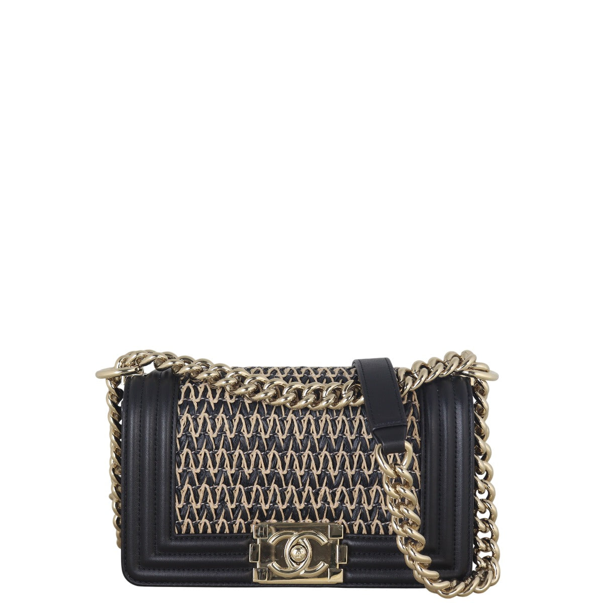 Chanel Boy Handbag Raffia Black Crossbody Bag