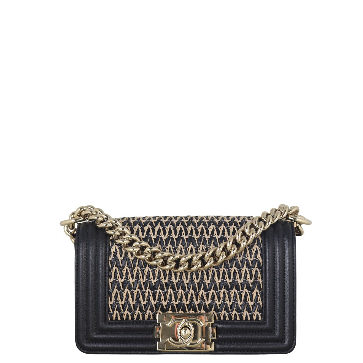Chanel Boy Handbag Raffia Black Crossbody Bag