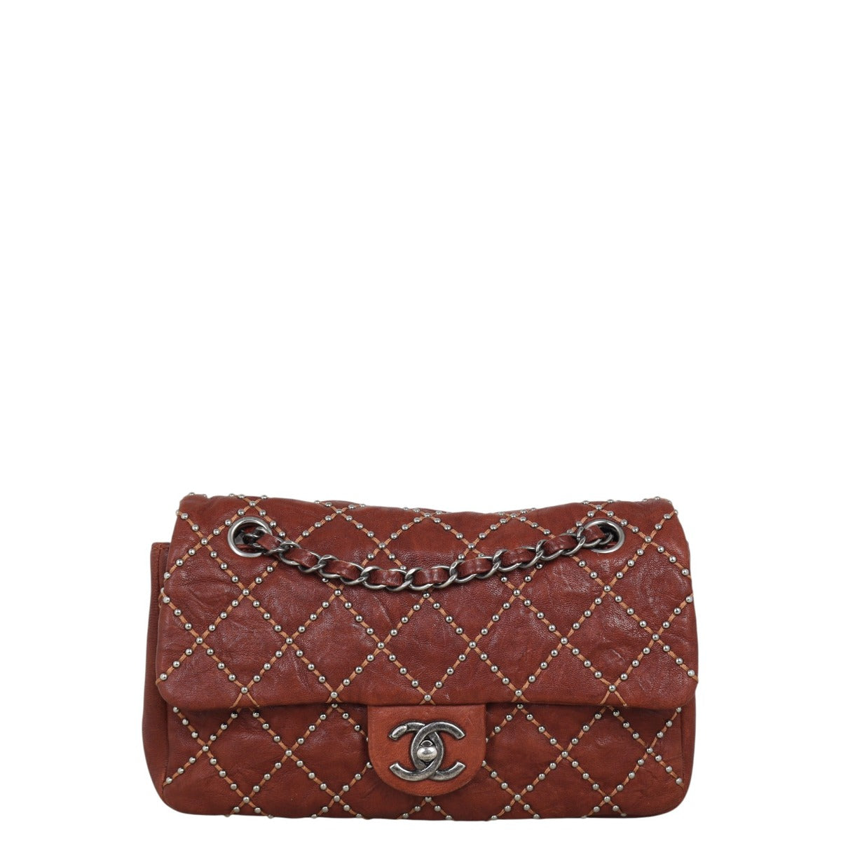 Chanel Studded Metal Beauty Handbag Quilted Brown Crossbody Bag