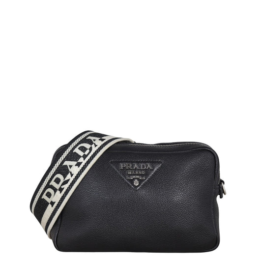Prada Crossbody Bag Daino Double Camera Bag 2 Vitello Black Zip Shoulder Bag