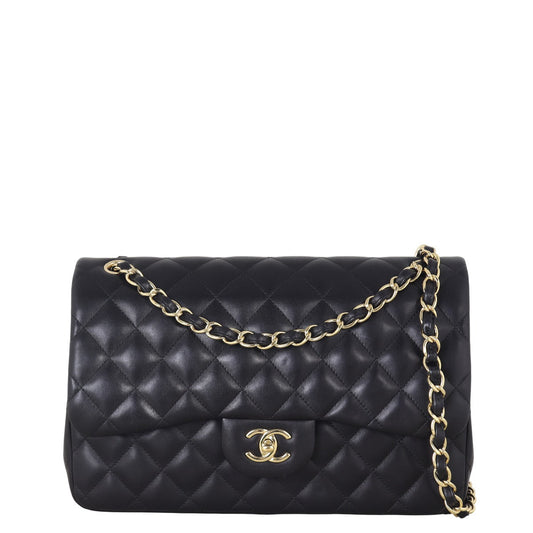 Chanel Classic Double Jumbo Lambskin Handbag Quilted Black Shoulder Bag