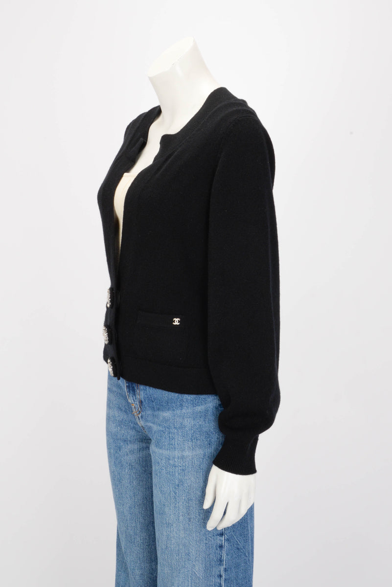 Chanel Black Cashmere Crystal Button Cardigan FR 40 Apparel