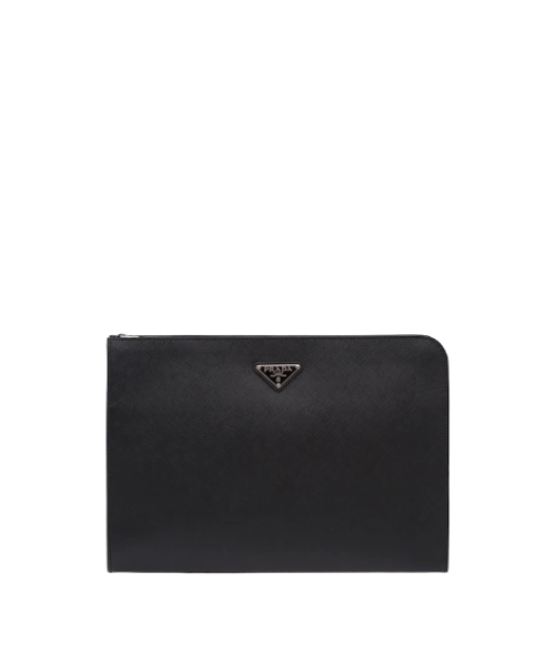 Prada Document Holder Triangle Luxury Handbag Leather Saffiano Black Travel Bag
