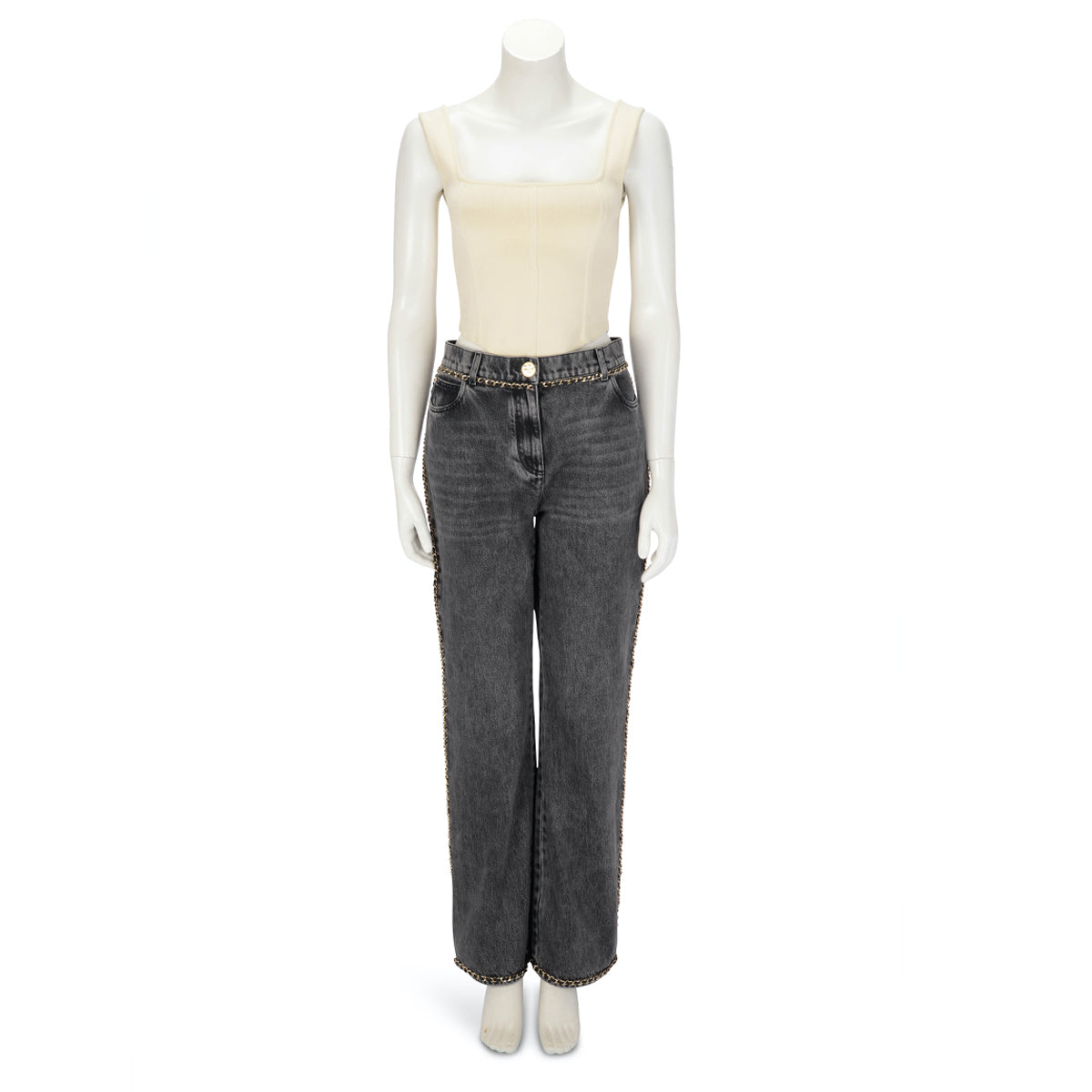 Chanel Black Denim CC Chain Trim Jeans FR 42 Apparel