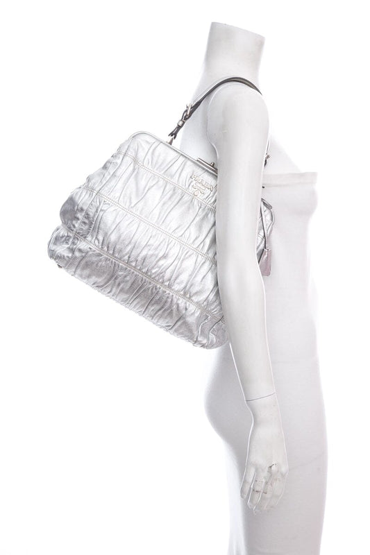 Prada Prada Silver Leather Top Handle Handbag Travel Bag