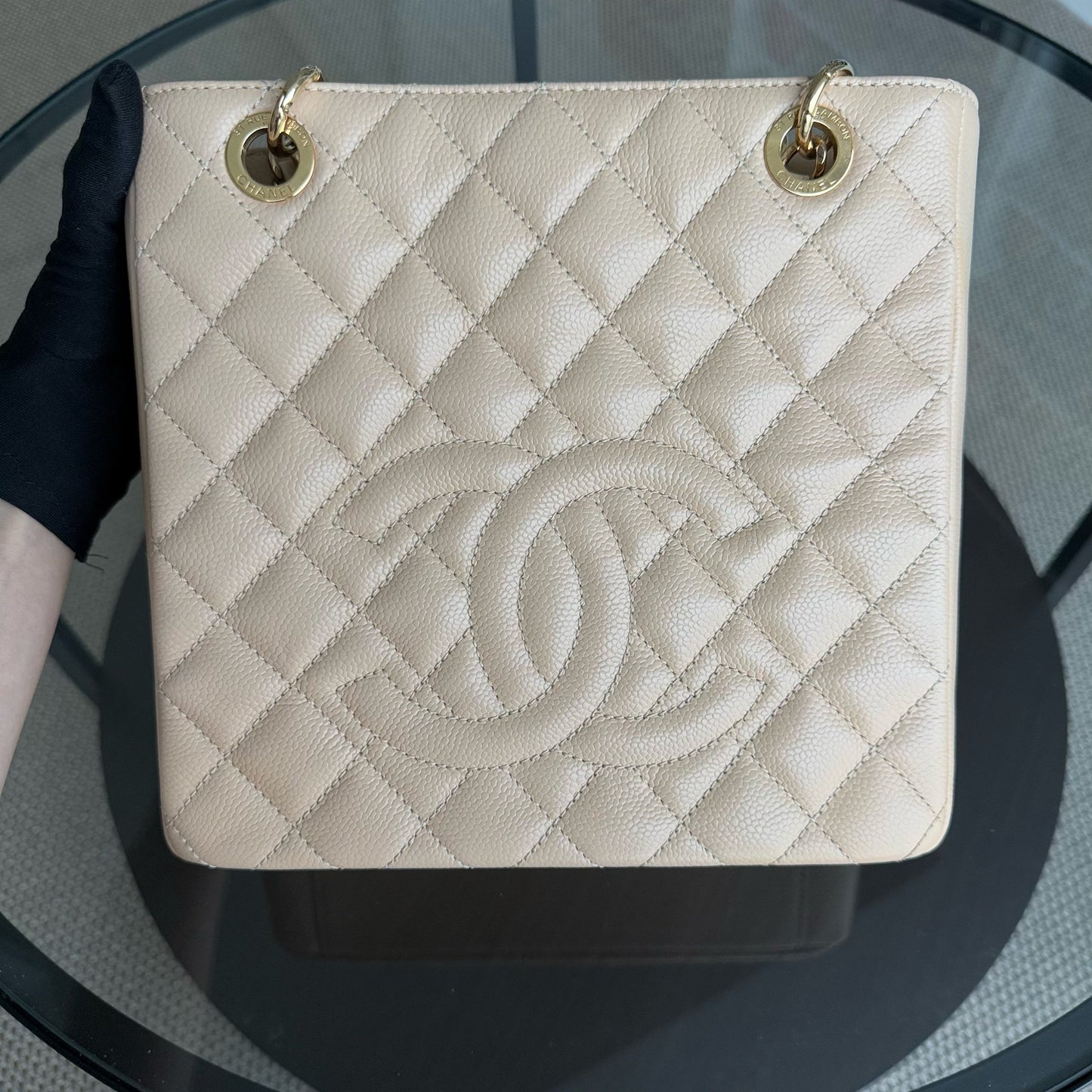 Chanel PST Petite Shopping Tote - Caviar Hardware Quilted Beige Tote Bag
