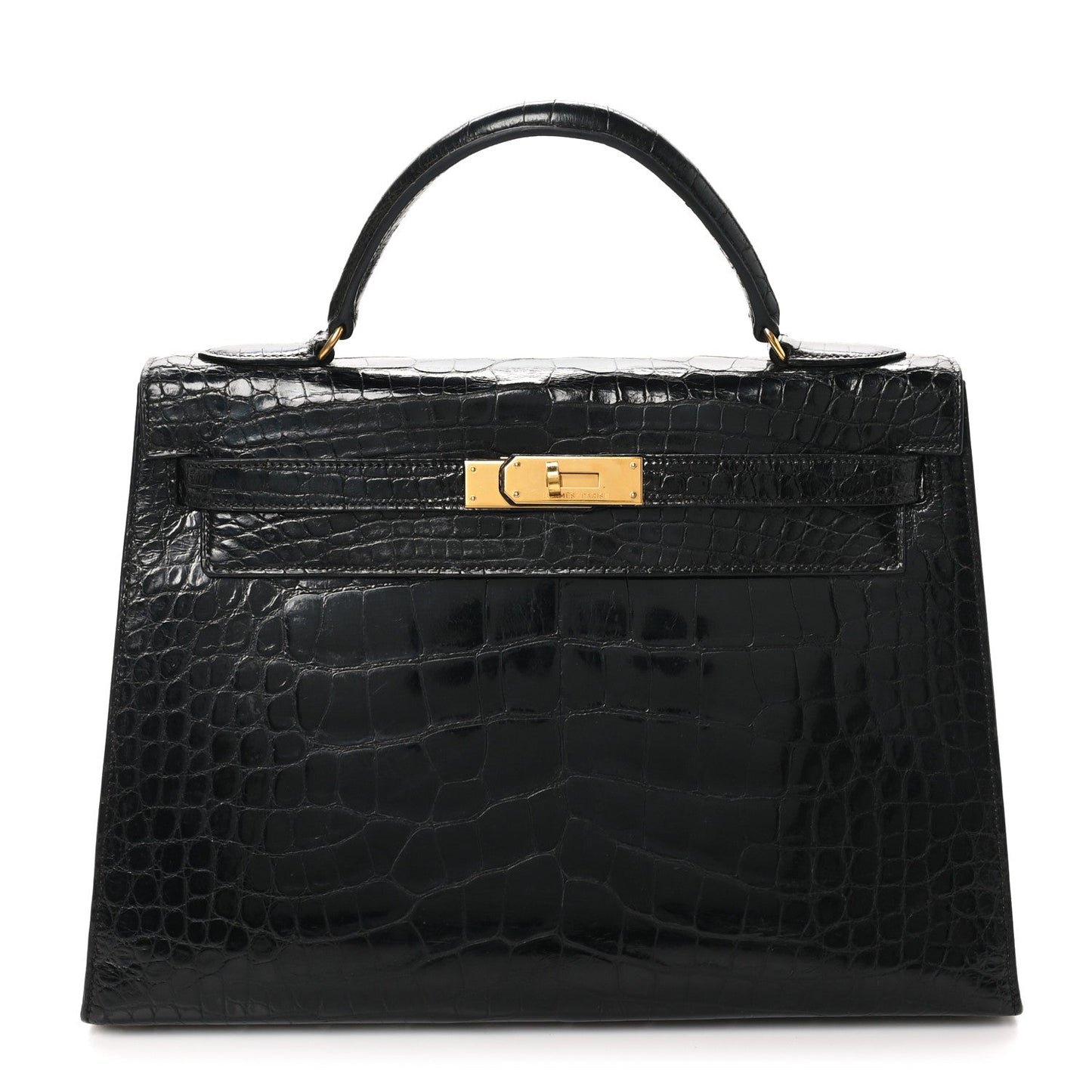 Hermes Shiny Alligator Kelly Sellier Handbag Black Travel Bag