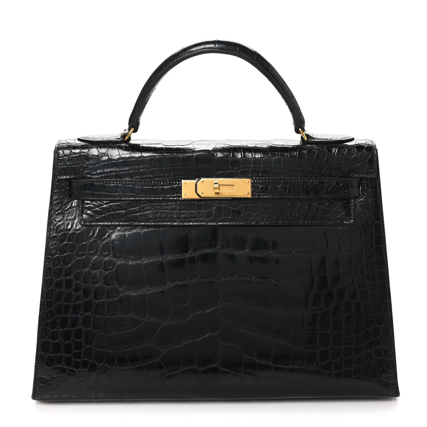 Hermes Shiny Alligator Kelly Sellier Handbag Black Travel Bag