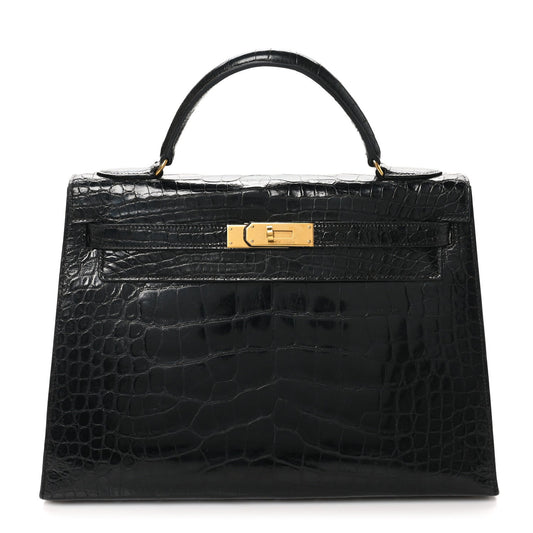 Hermes Shiny Alligator Kelly Sellier Handbag Black Travel Bag