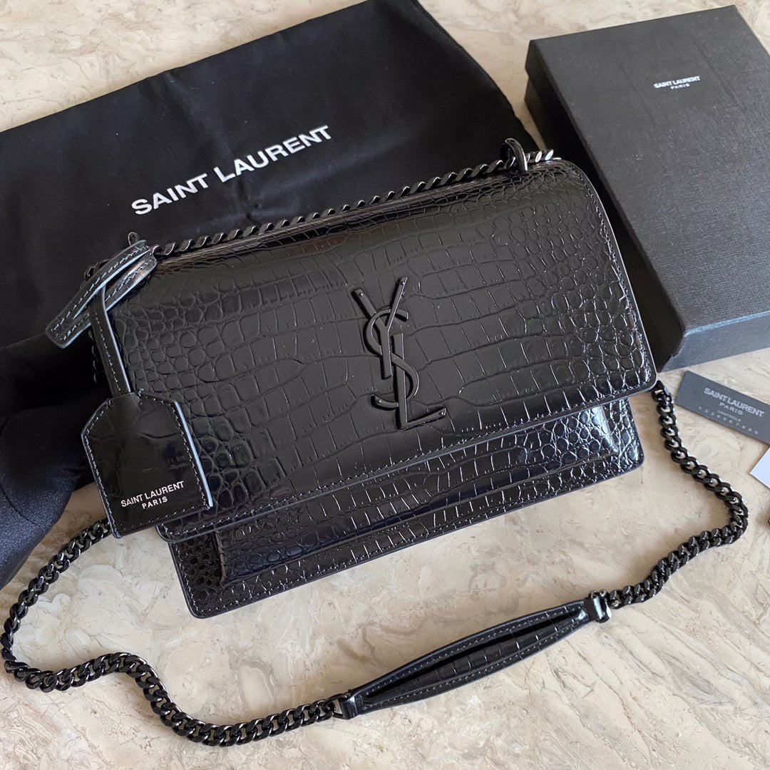 YSL Saint Laurent Sunset 8in 22cm Black Medium Chain Travel Bag