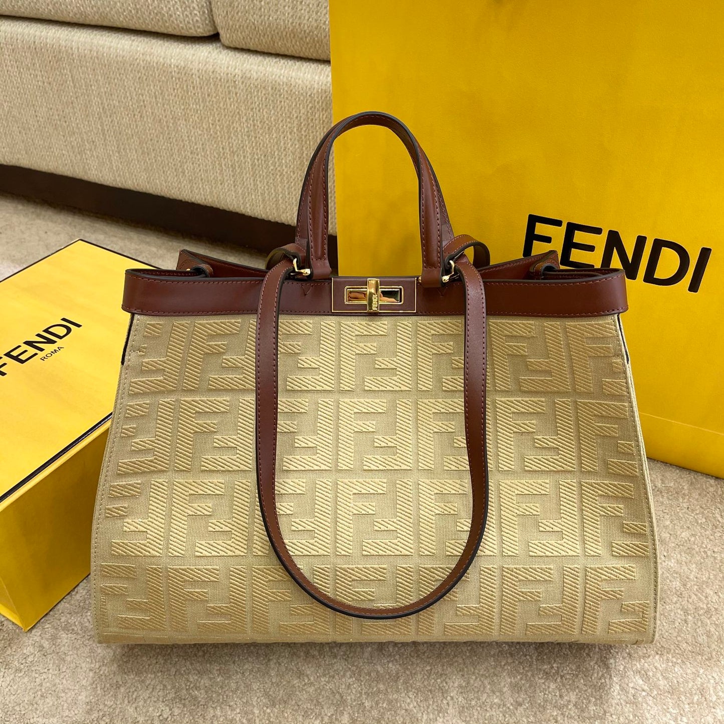 Fendi Top QualityTop Quality Peekaboo X- Canvas Beige FF Shoulder Bag Ff 8Bh374