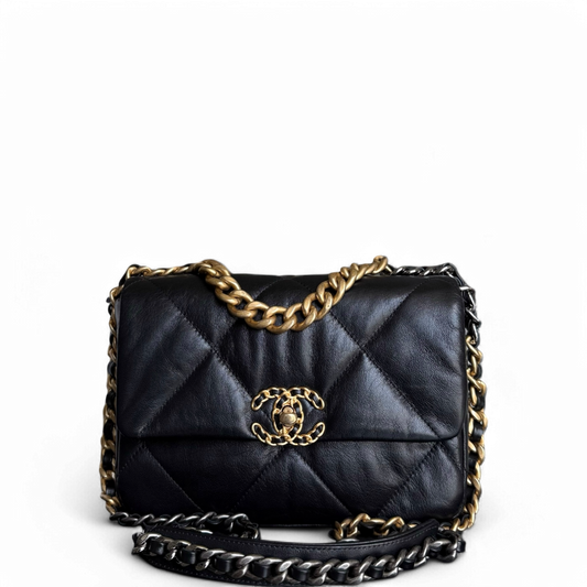 Chanel 19 Bag C19 Small - Quilted Goatskin Black Gold Two-tone Hardware Series 30