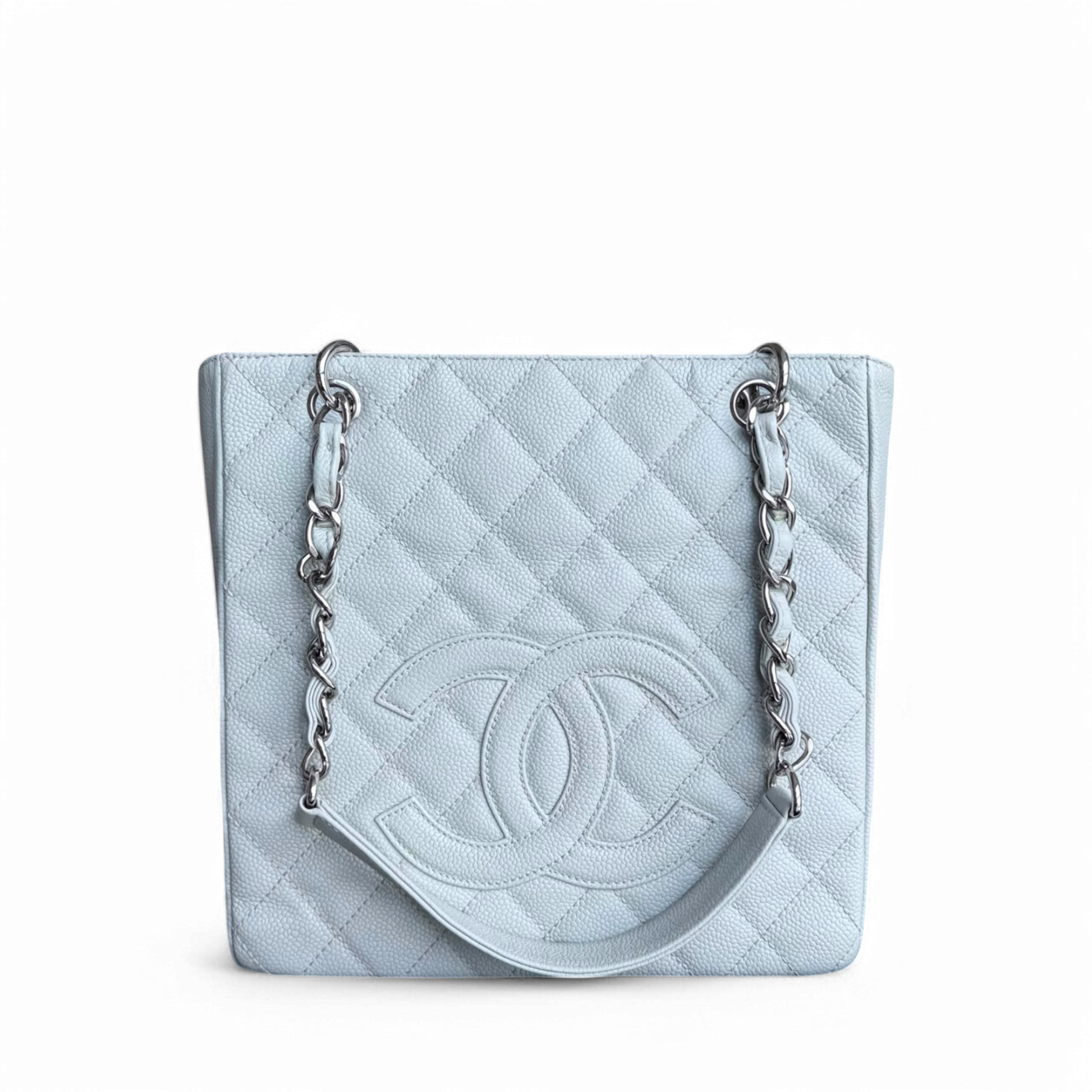 Chanel PST Petite Shopping Tote - Caviar Light Quilted Silver Tote Bag