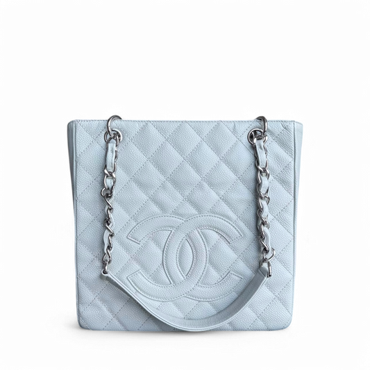 Chanel PST Petite Shopping Tote - Caviar Light Quilted Silver Tote Bag