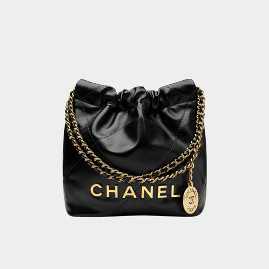Chanel 22 Handbag Shiny Calfskin Gold Tone Metal Black