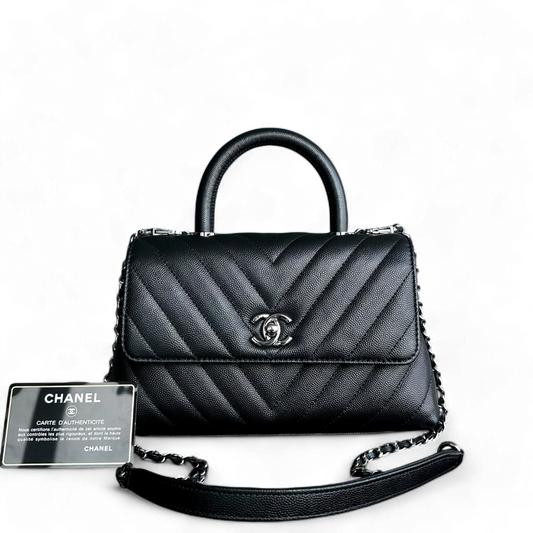 Chanel Coco Handle Small - Caviar Chevron Grained Calfskin Black Ruthenium Silver Hardware Series 28
