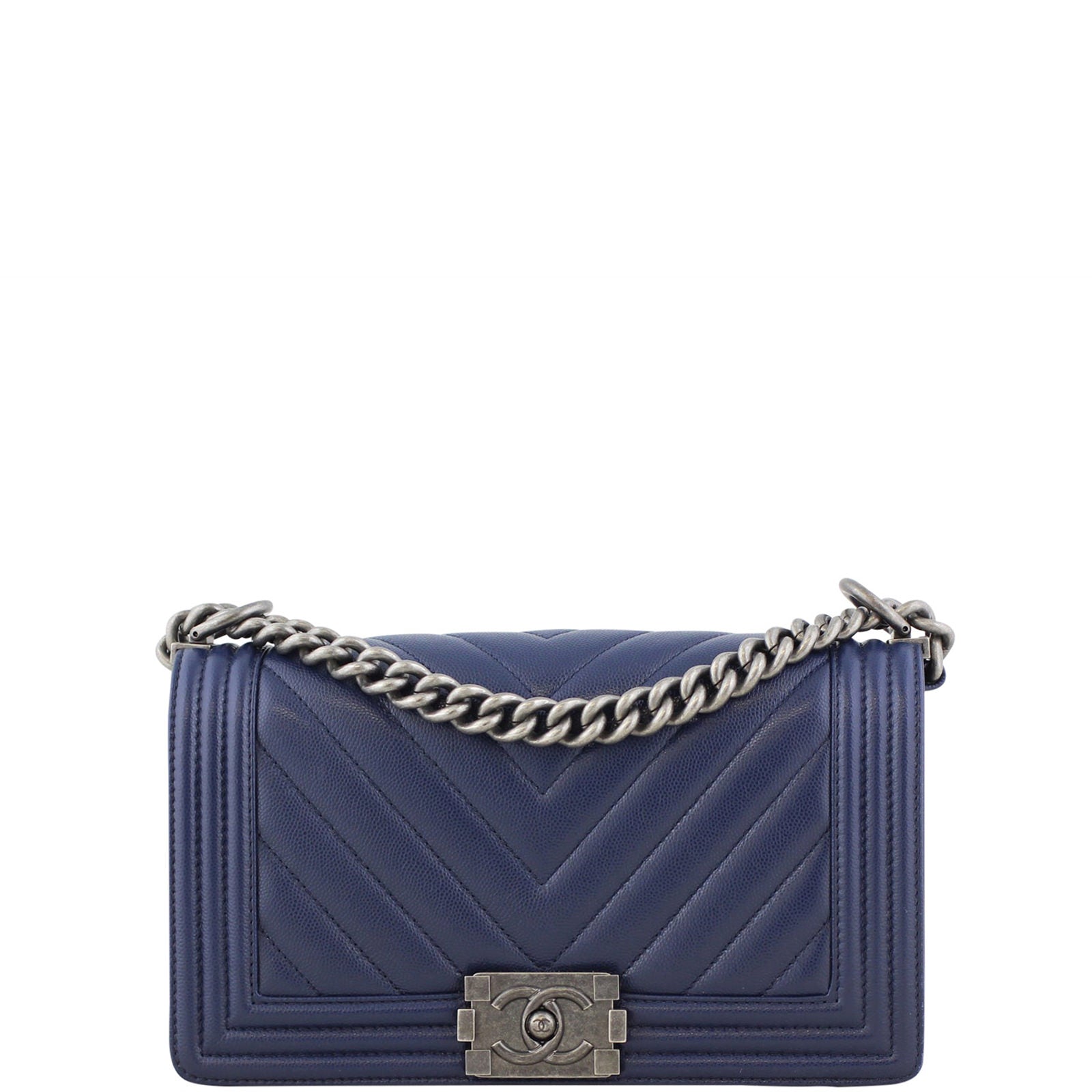 Chanel Boy Chevron Old Hardware Handbag Blue Silver