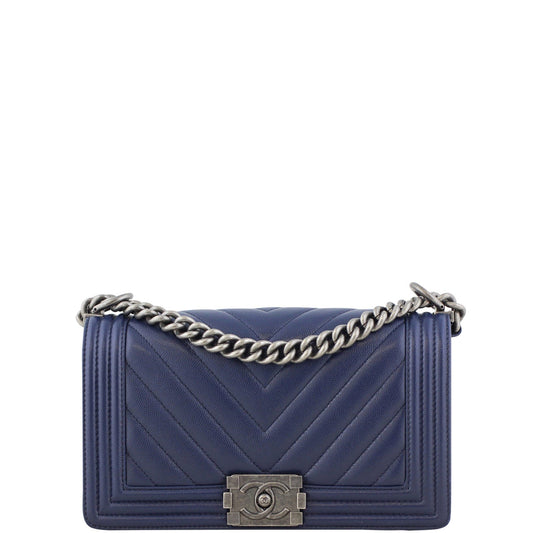 Chanel Boy Chevron Old Hardware Handbag Blue Silver