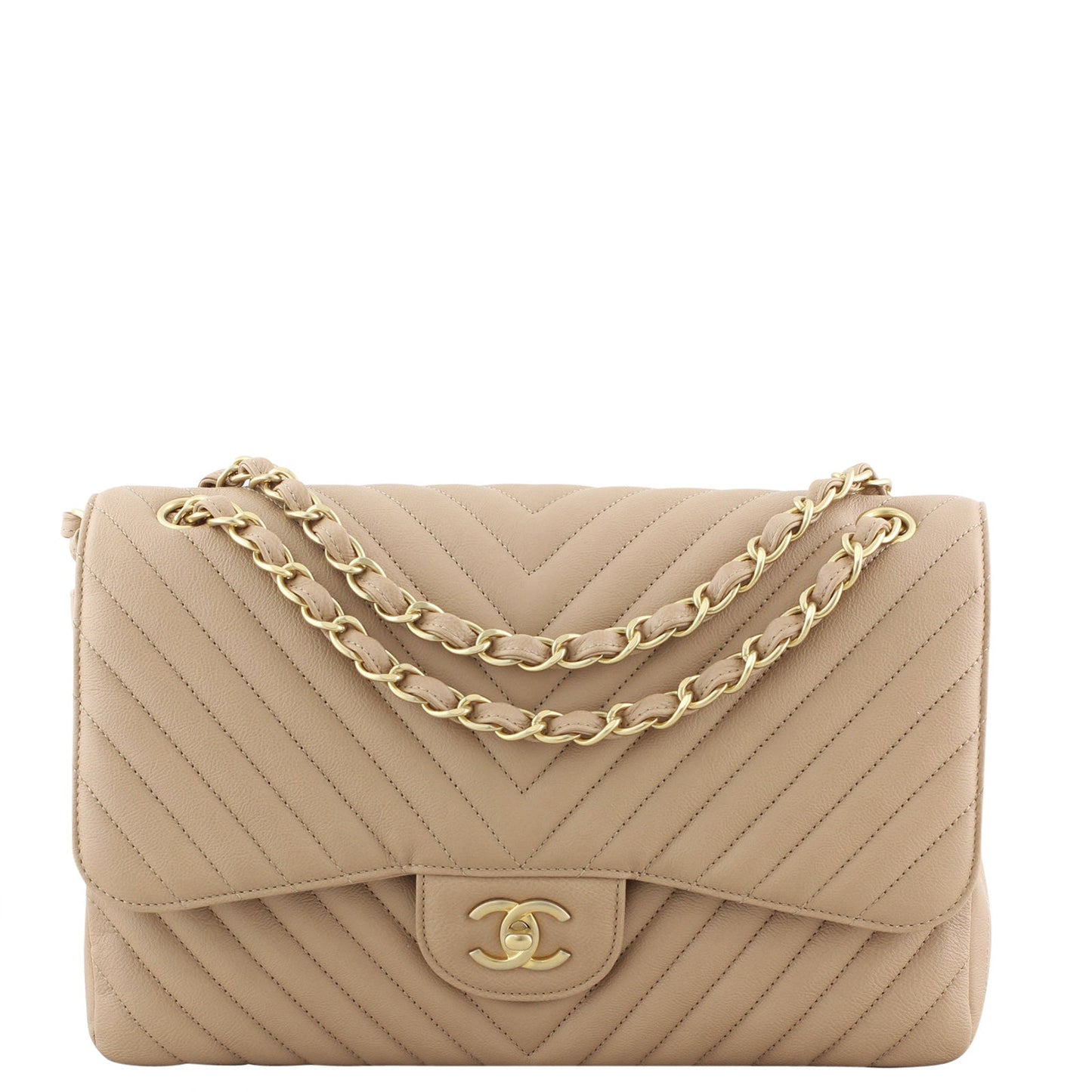Chanel Classic Double Jumbo Chevron Calfskin Handbag Brown Beige