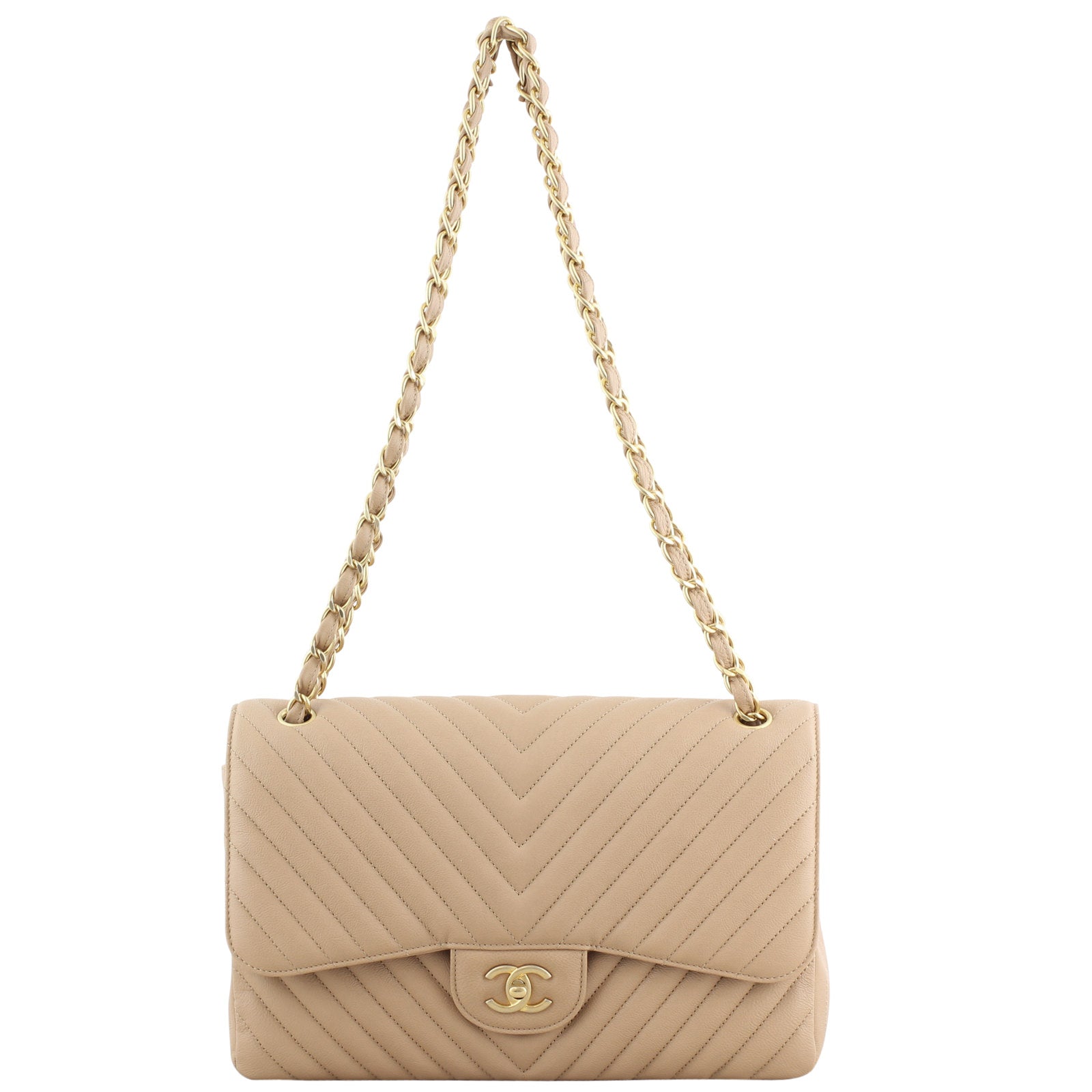 Chanel Classic Double Jumbo Chevron Calfskin Handbag Brown Beige