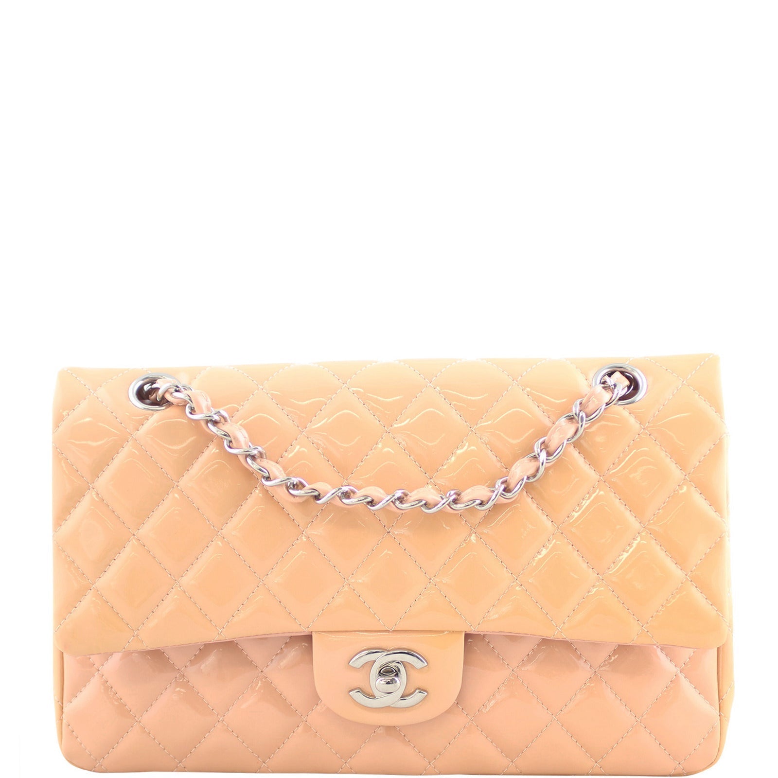 Chanel Classic Double Patent Bag Rose Beige Medium Handbag