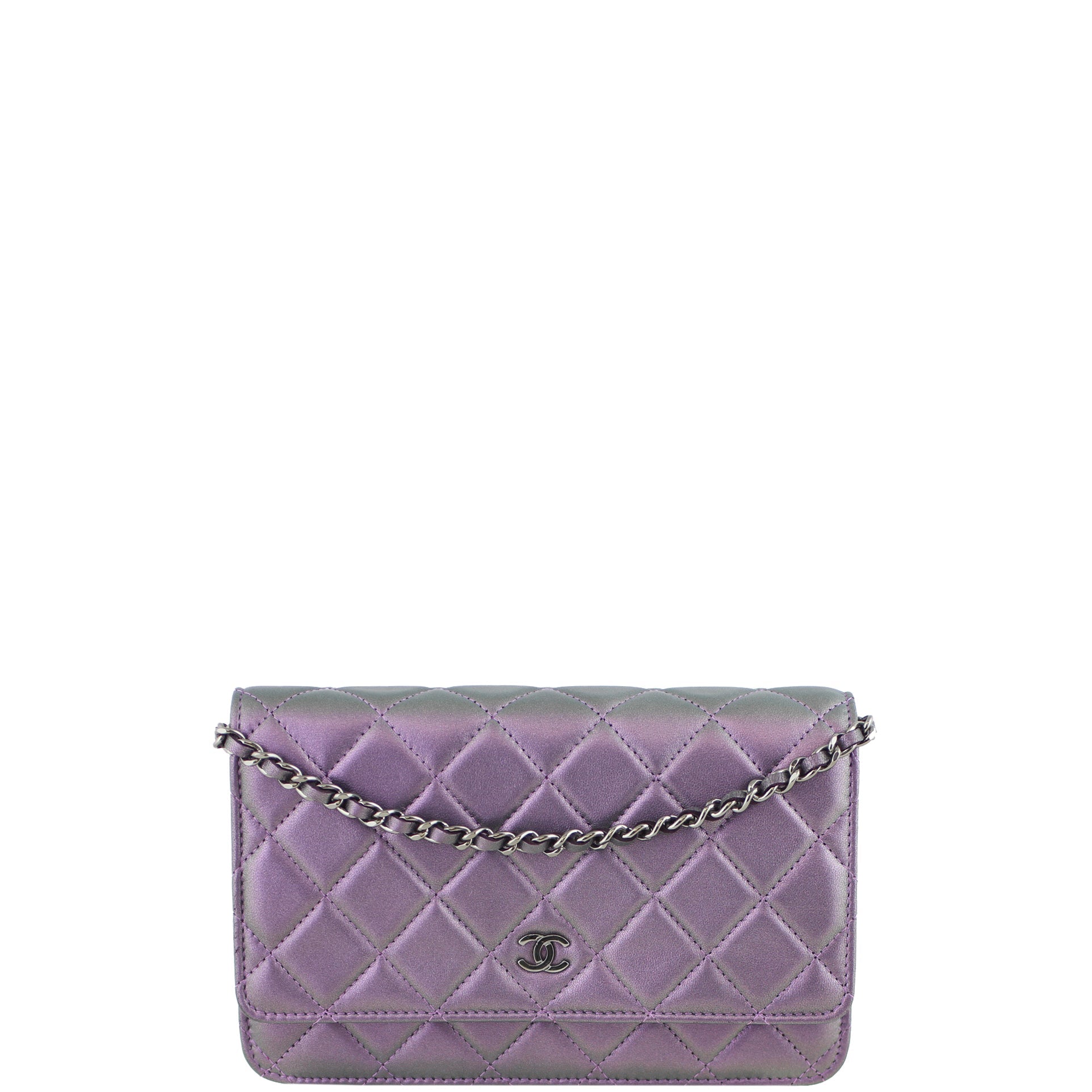 Chanel Classic Wallet On Iridescent Purple And Handbag Green Chain