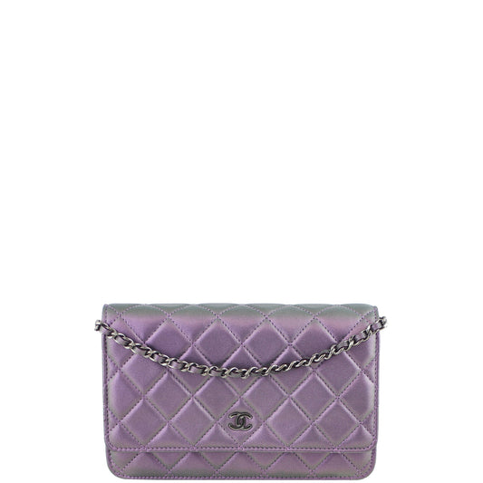 Chanel Classic Wallet On Iridescent Purple And Handbag Green Chain