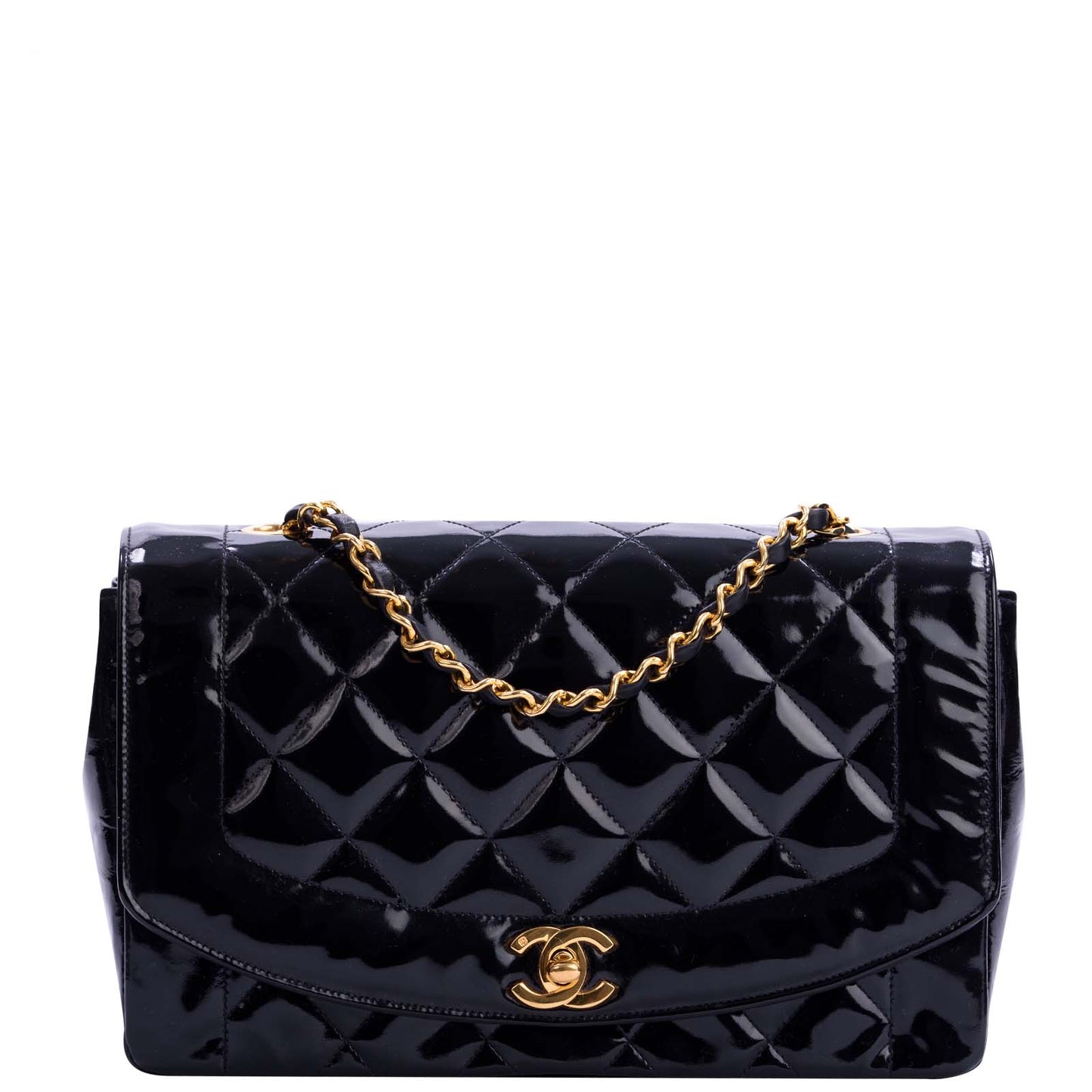Chanel Diana Patent Bag GHW Quilted Black Handbag