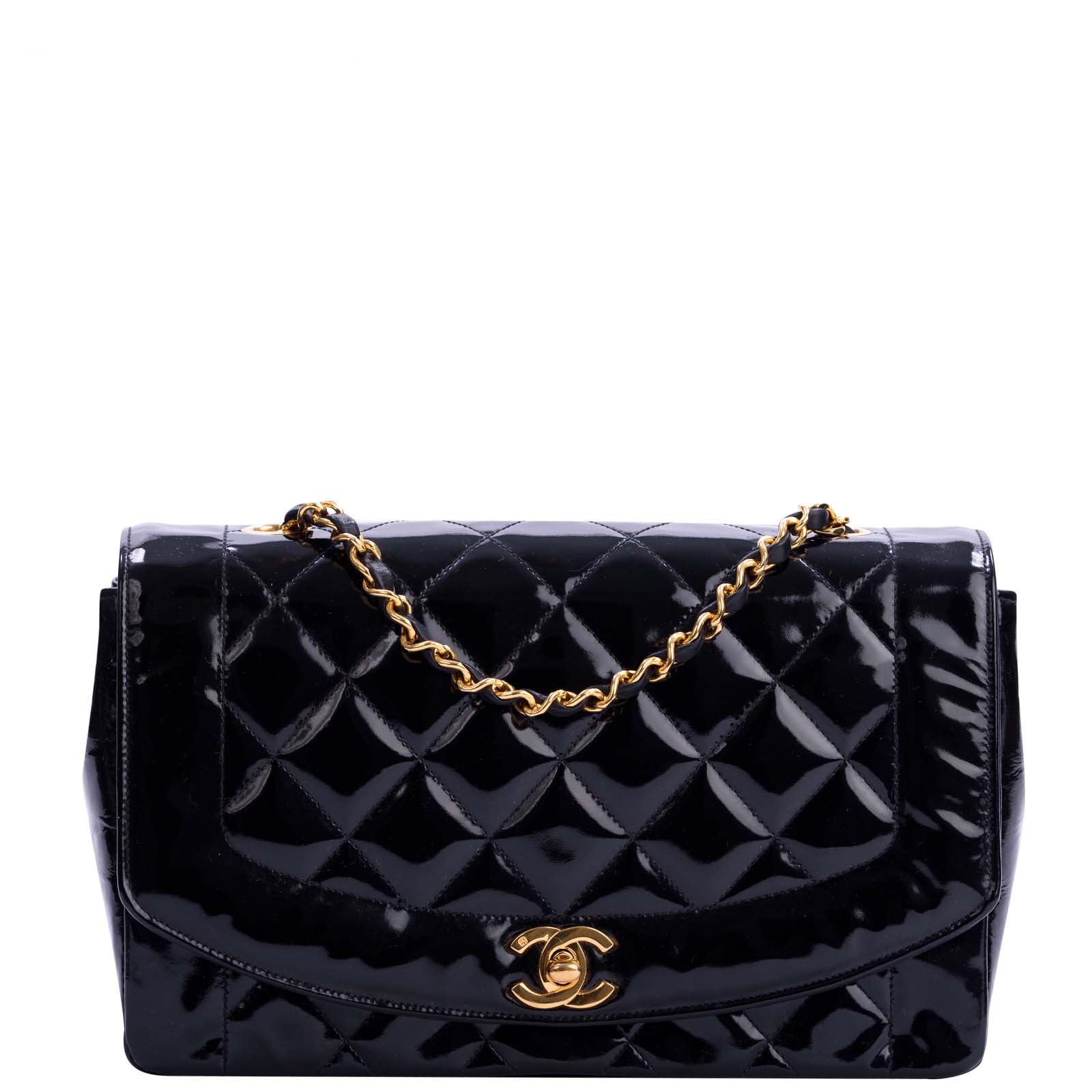 Chanel Diana Patent Bag GHW Quilted Black Handbag