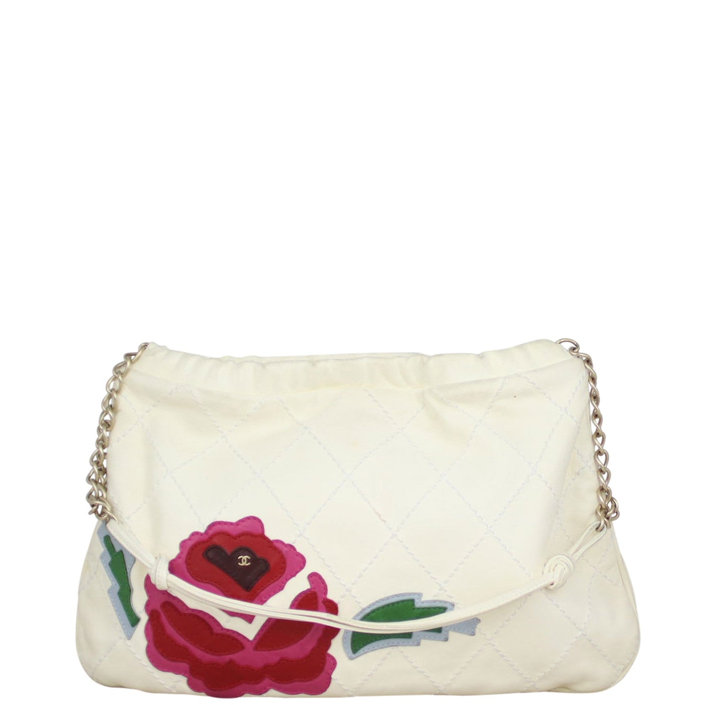 Chanel Rose Applique Hobo Quilted White Hobo Bag