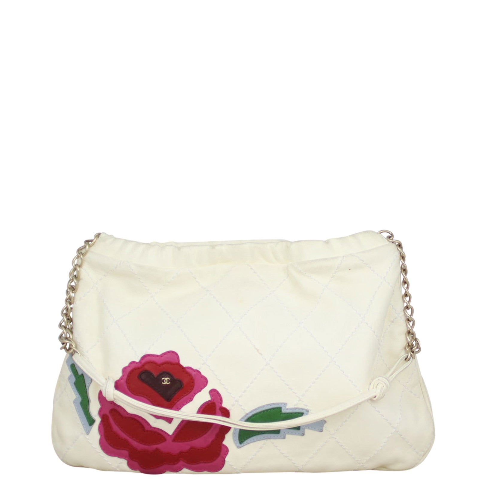 Chanel Rose Applique Hobo Quilted White Hobo Bag