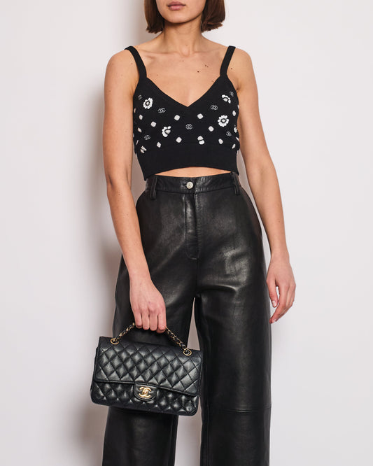 Chanel Black Floral Embellished CC Cropped Tank Top Size FR 38 (UK 10) Apparel