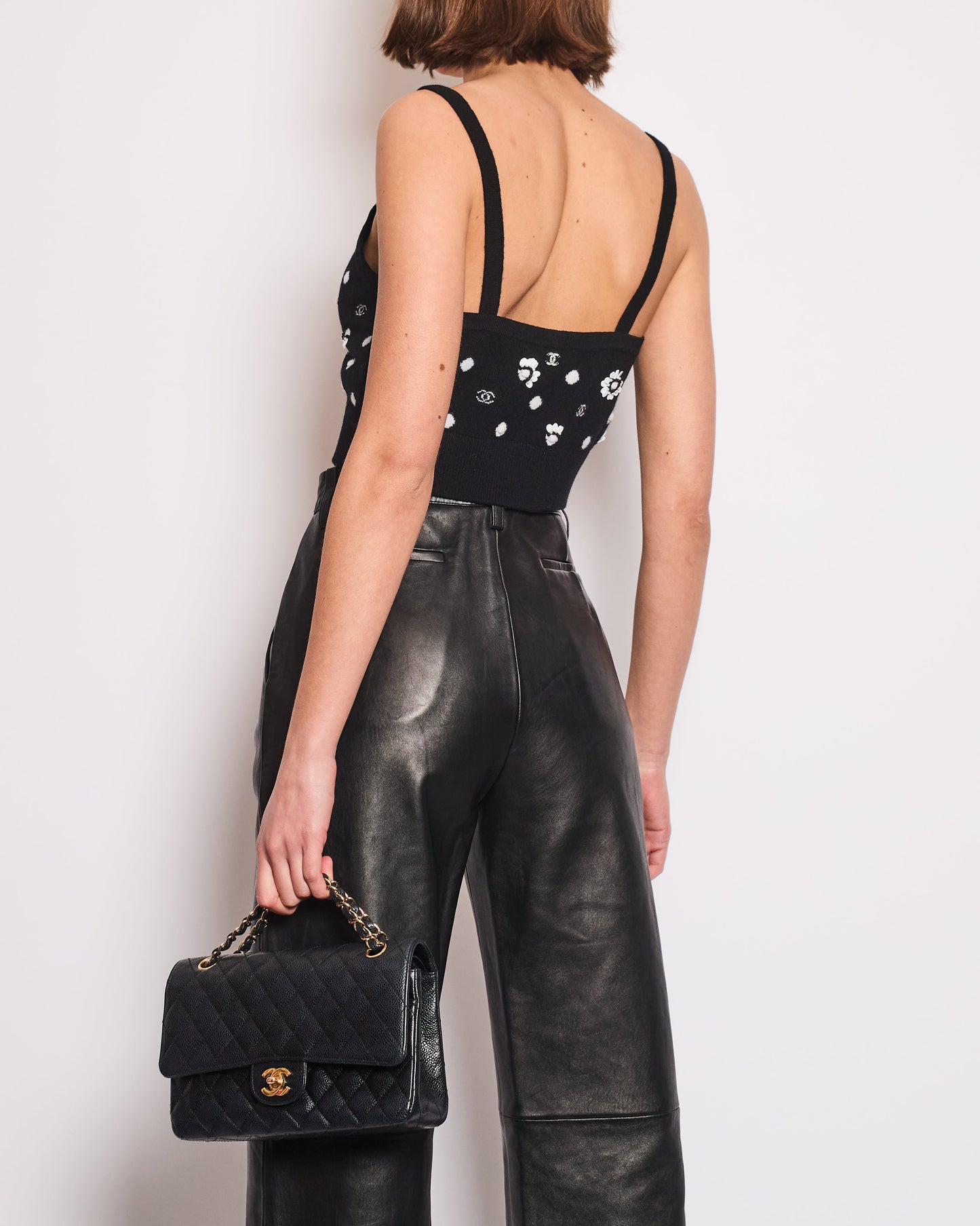 Chanel Black Floral Embellished CC Cropped Tank Top Size FR 38 (UK 10) Apparel