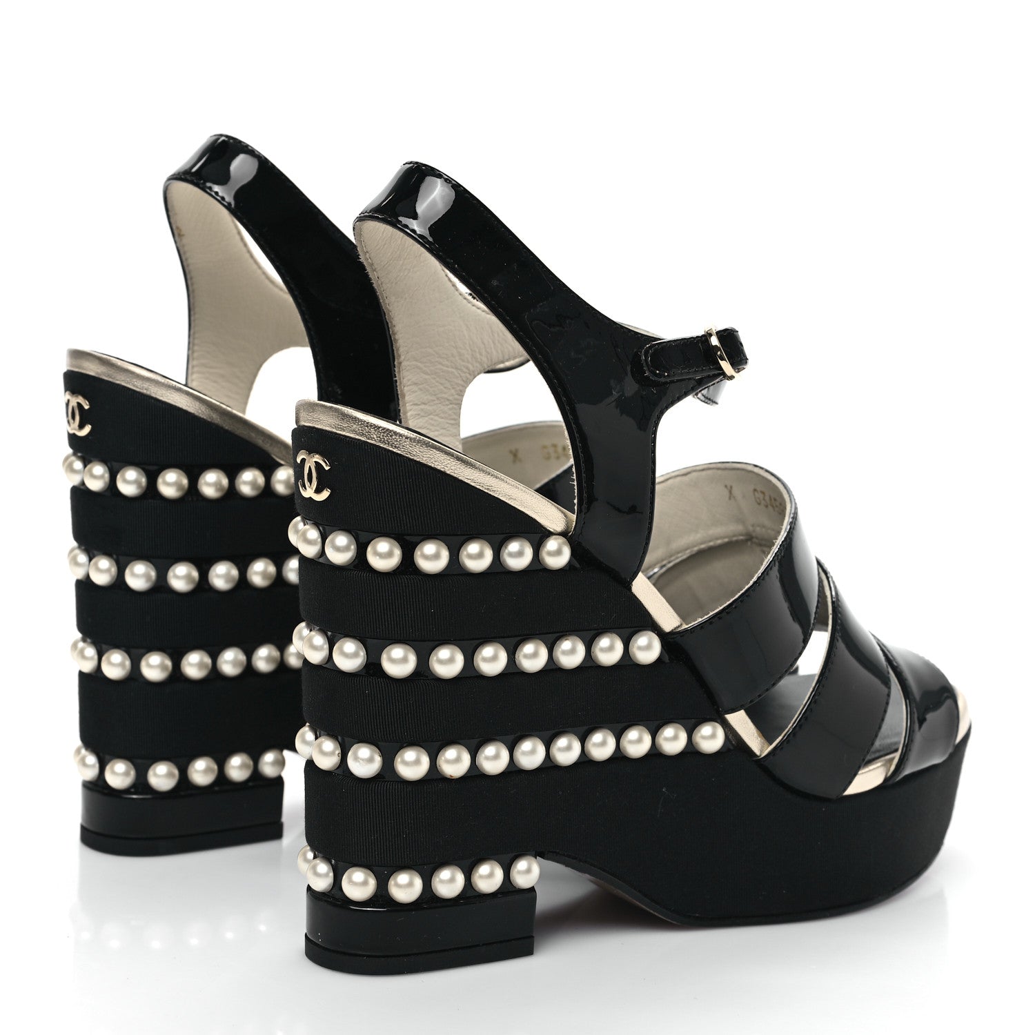 CHANEL CALFSKIN GROSGRAIN PEARL CC WEDGE SANDALS